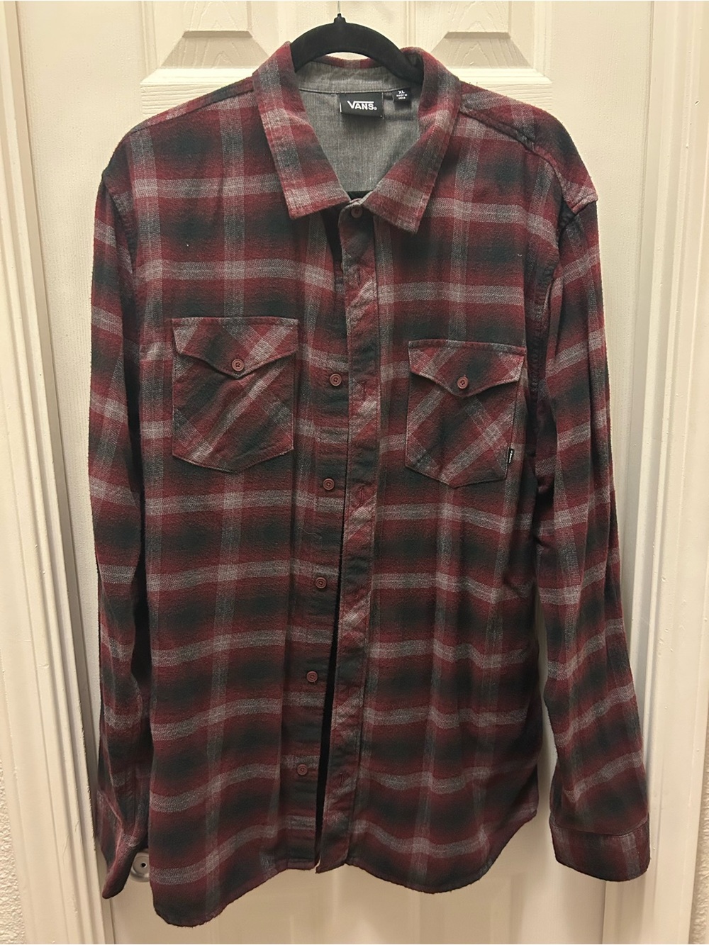 Vans Men's Burgundy and Gray Plaid Button-Up Shirt